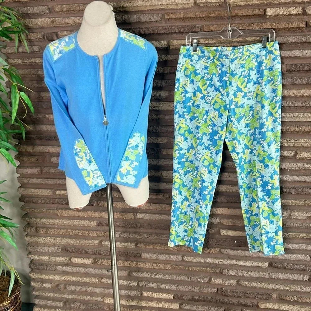 Doncaster Hawaiian Orchid Floral Cardigan Sweater and Side Zip Cropped Pants - Picture 7 of 7